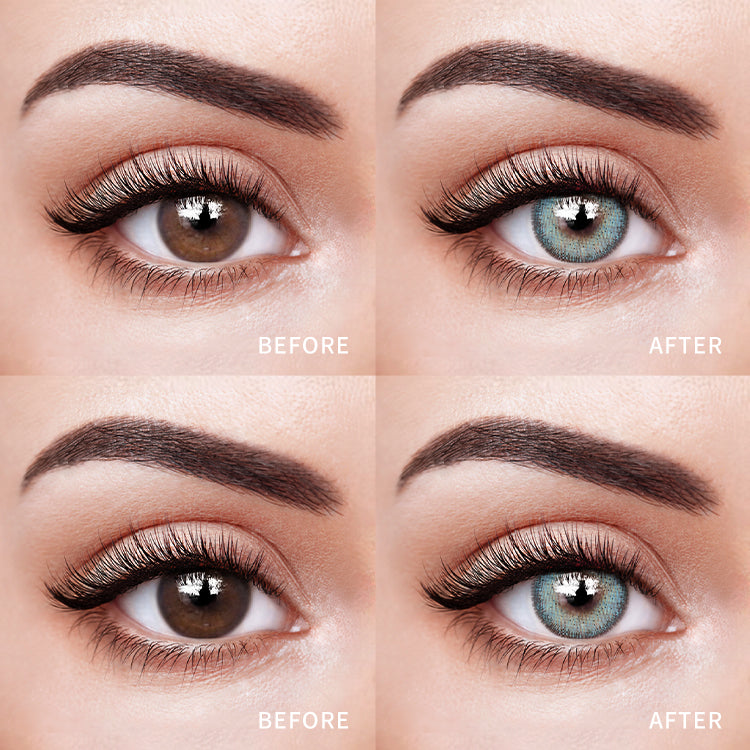 The before and after comparison of wearing Magic Blue Contact Lenses.